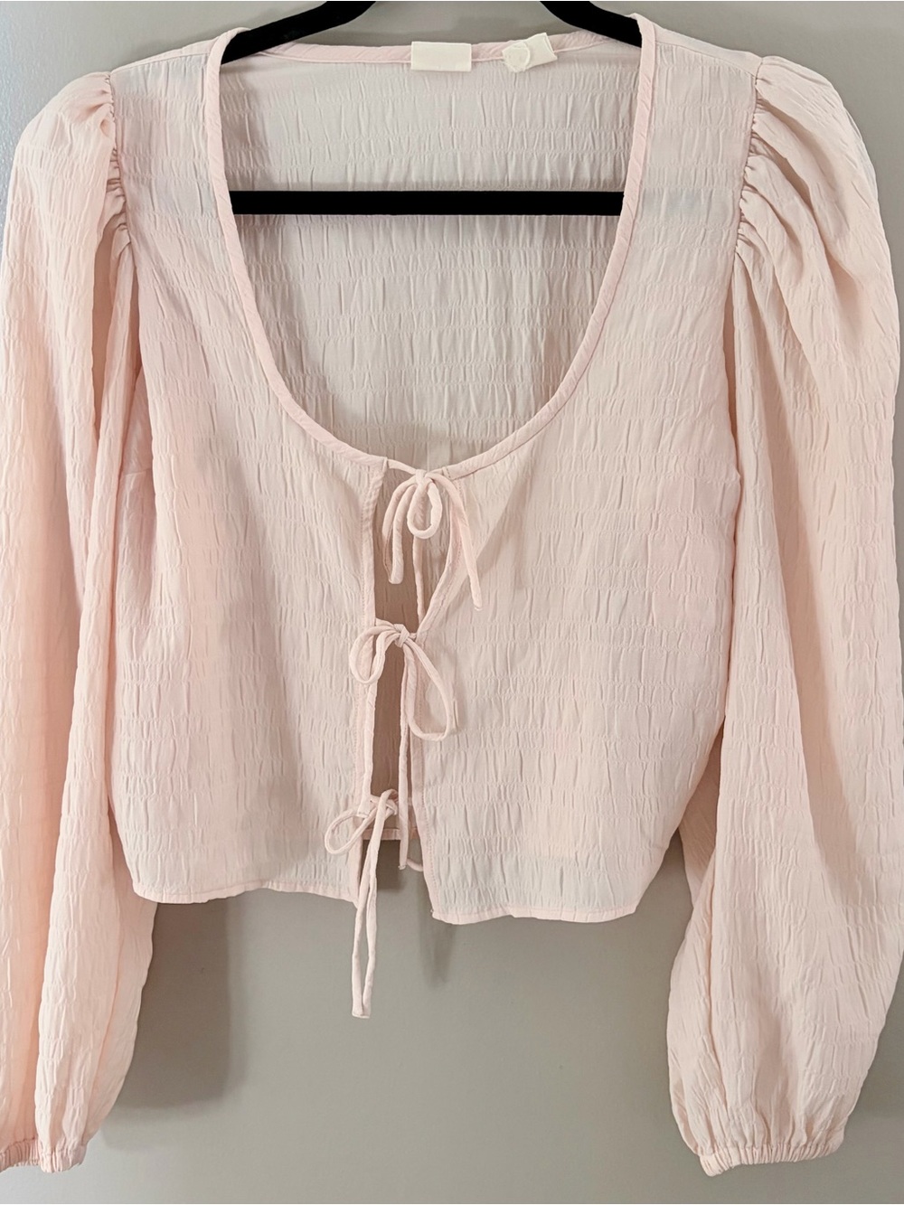 Pastel Pink Smocked Tie Front Boho Blouse Puff Sleeve Small - Picture 1 of 8